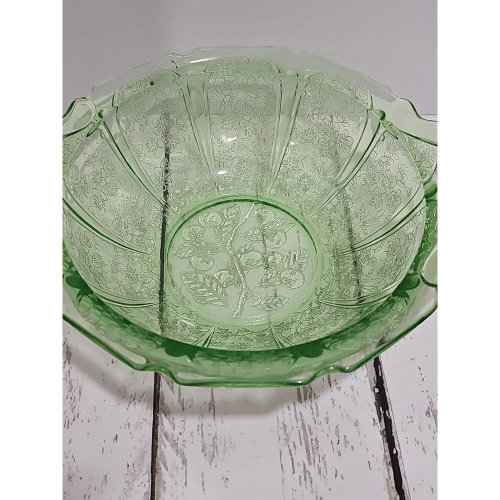 VTG Jeanette Cherry Blossom Green Depression Glass Serving Bowl with handles